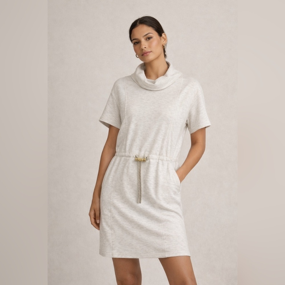 Varley Sophie Doublesoft Dress Ivory Marl Cowl neck Athleisure XS